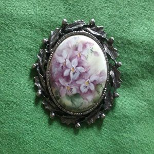 Vintage Metal Framed hand Painted Iris Brooch